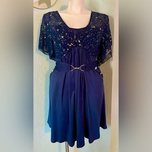 NWOT 1XL navy blue gold stars celestial witchy belted mini dress tunic, pockets